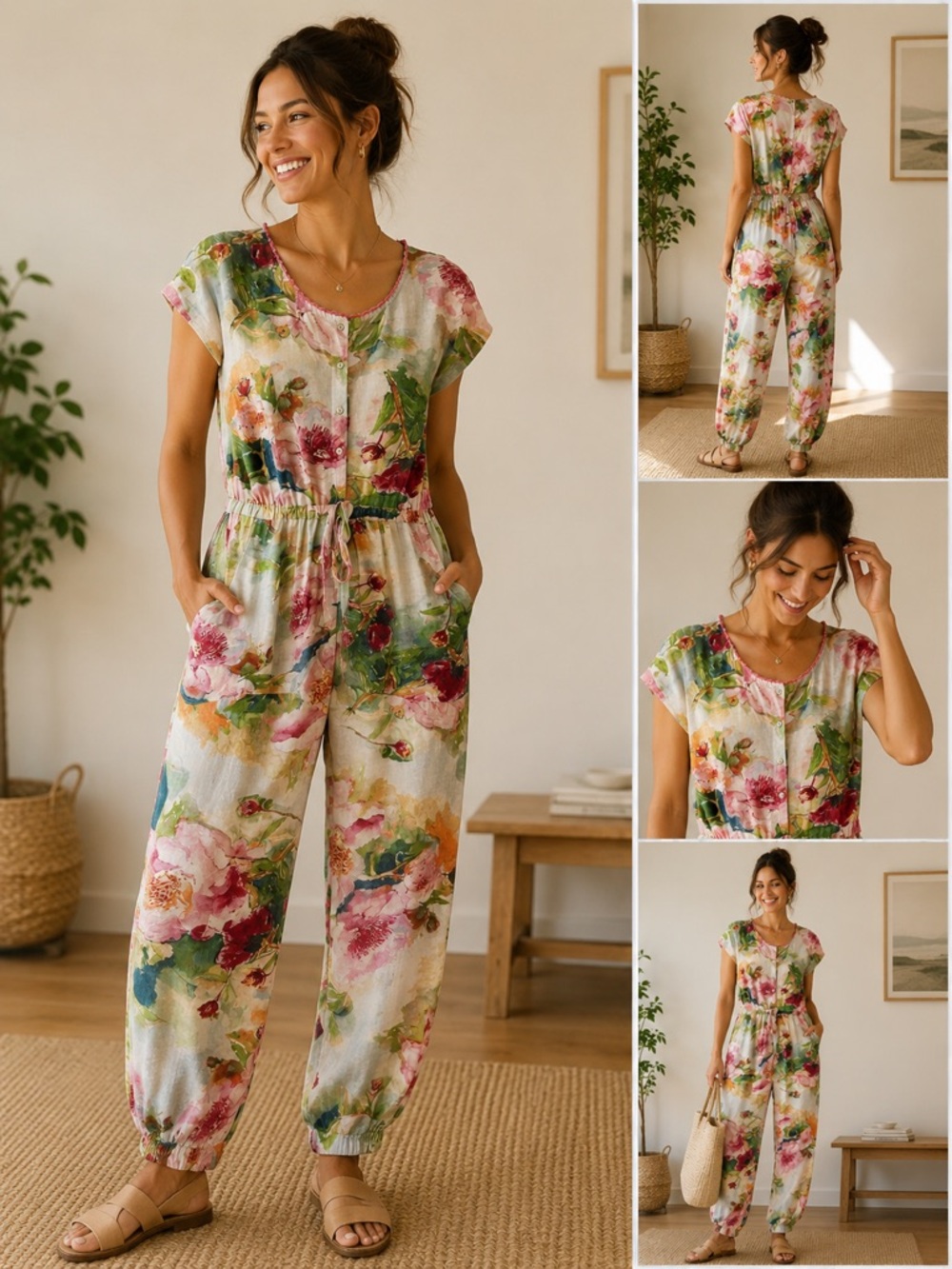 April Cornell Pastel Floral Button-Front Jumpsuit in Pink, Green, Blue